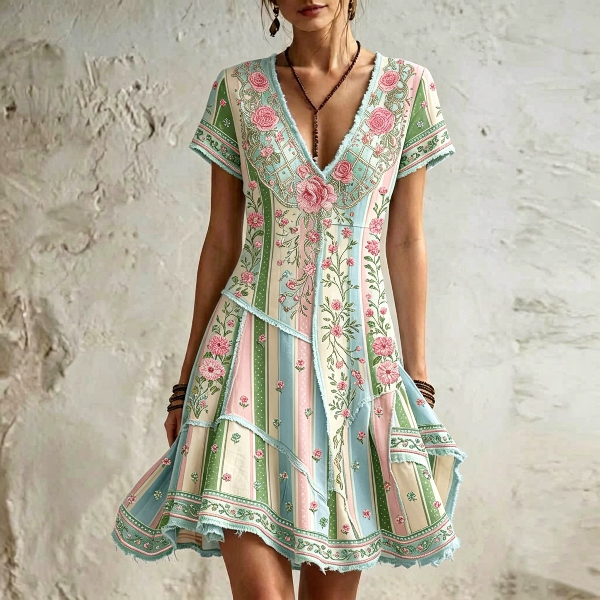 Women's Retro Rose Floral Embroidery Pattern Short Sleeve Linen Dress