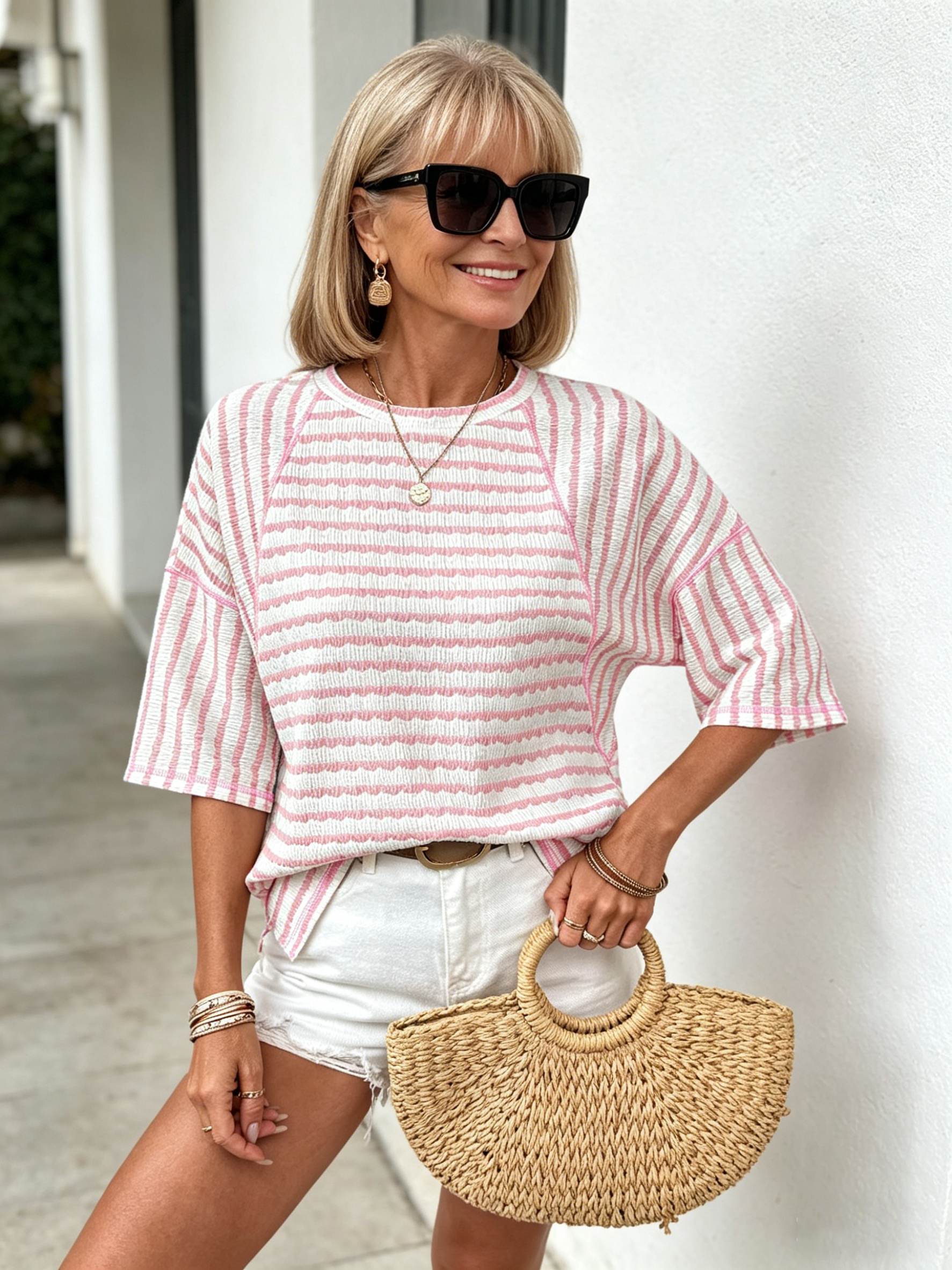 Crew Neck Jumper Women's Simple Versatile Striped Half-sleeved T-shirt