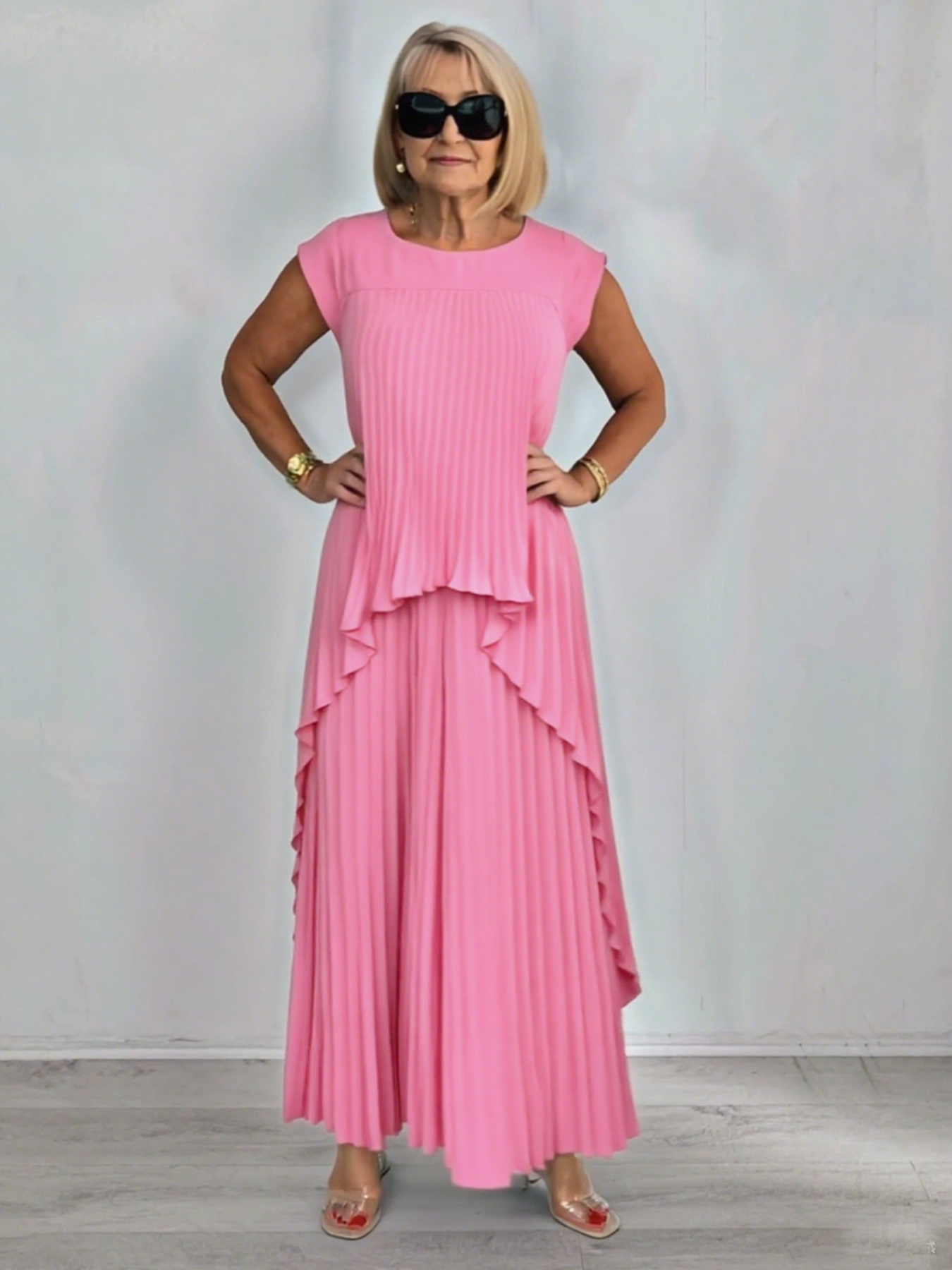 2Pcs Crew Neck Solid Color Sleeve Top Pleated Straight Pants Set Two-piece Set