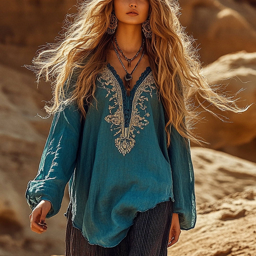Desert Style Holiday Bohemian Vintage Linen Casual Top