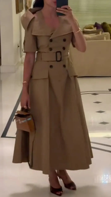 Khaki Trench‐Style Midi Dress