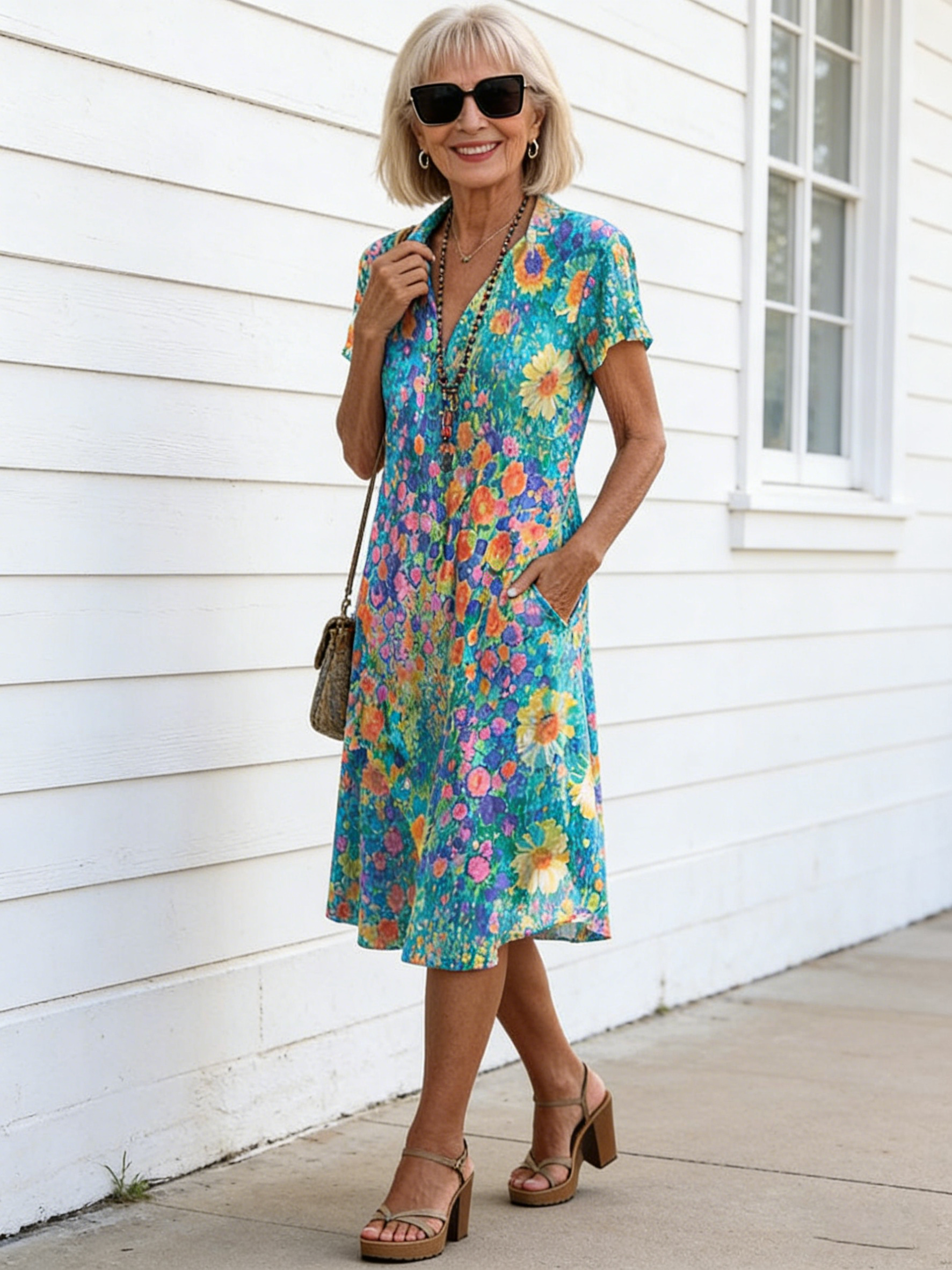 Short Sleeve Printed Casual V-Neck Dress