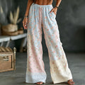 Women's Pink Floral And Lace Art Striped Comfortable Linen Blend Casual Pants