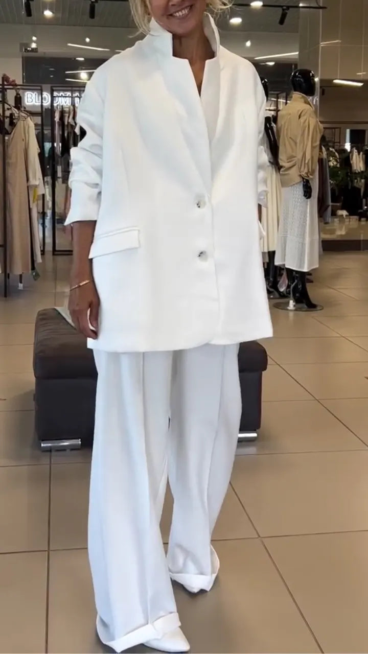 Oversized White Blazer Wide Leg Trousers Suit Set