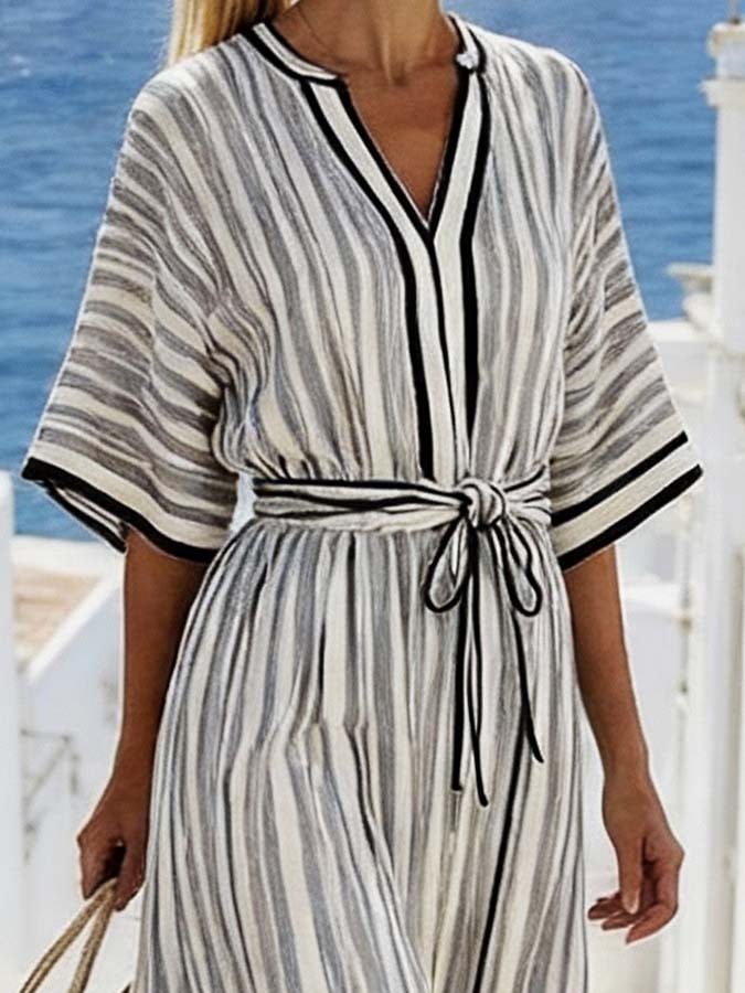 Women'S Casual V-Neck Striped Tie-Waist Dress