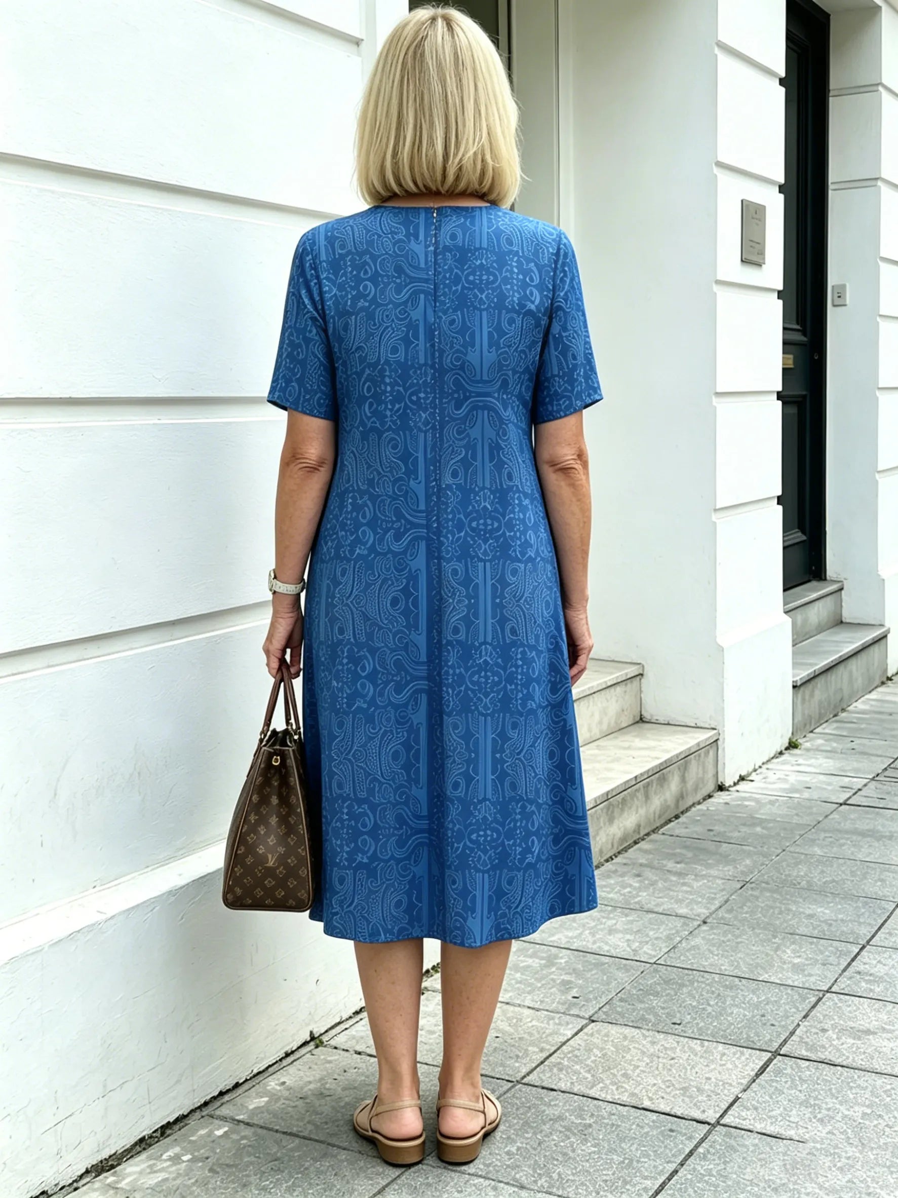 Blue Paisley Print Loose Midi Dress, Round Neck Short Sleeve Tummy Concealing Slimming Temperament Dress for Mature Women
