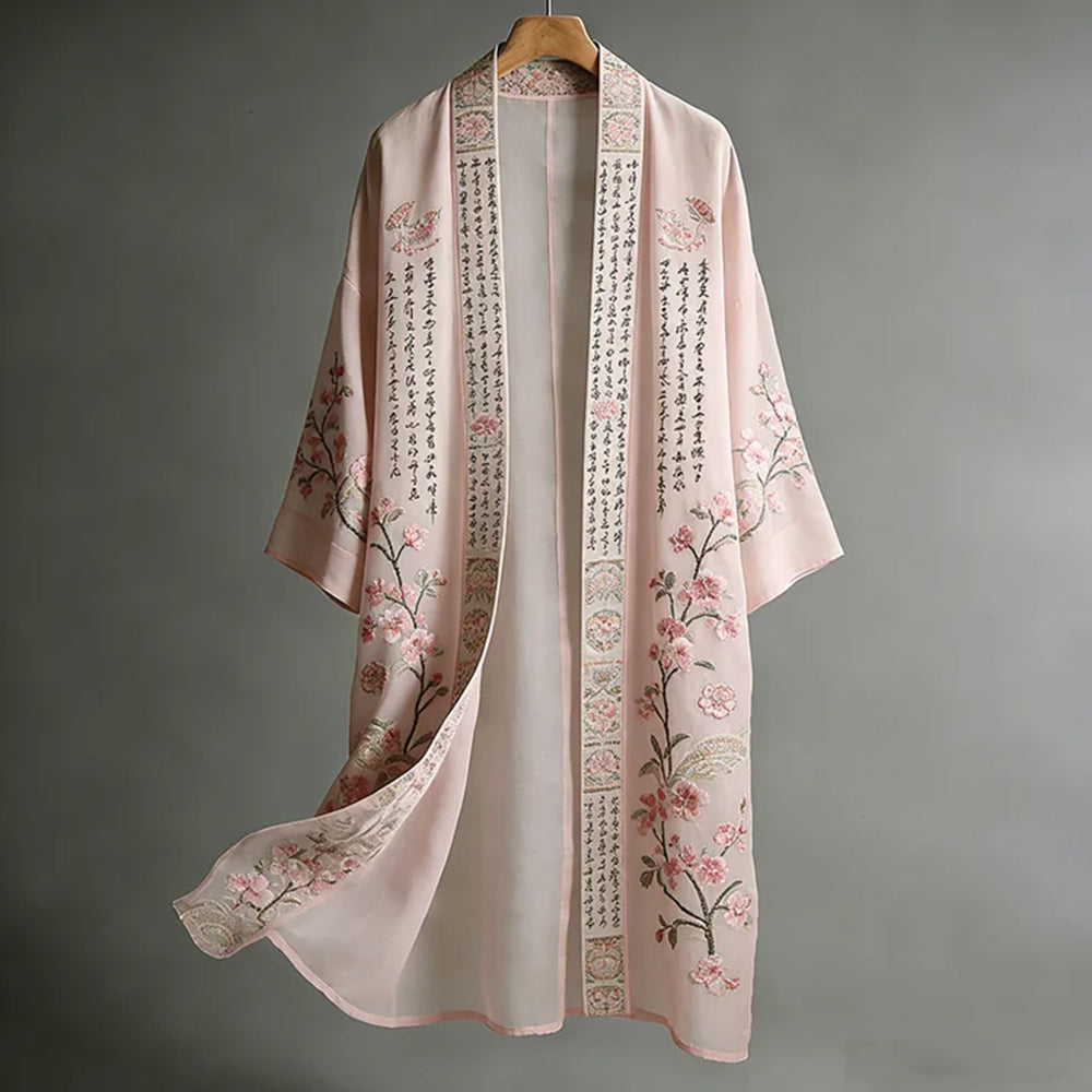 Japanese-style Floral And Calligraphy Pink Cotton-linen Flowing Kimono