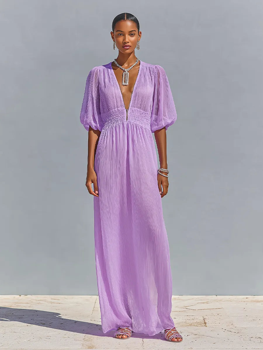Women's Lavender Crinkled Chiffon Maxi Dress With Deep V-Neck & Smocked Waist, Timeless Romantic-Resort Style Dress MDZ2029D0LYL