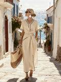 Women's Summer Short Sleeve Pleated Trim Dress