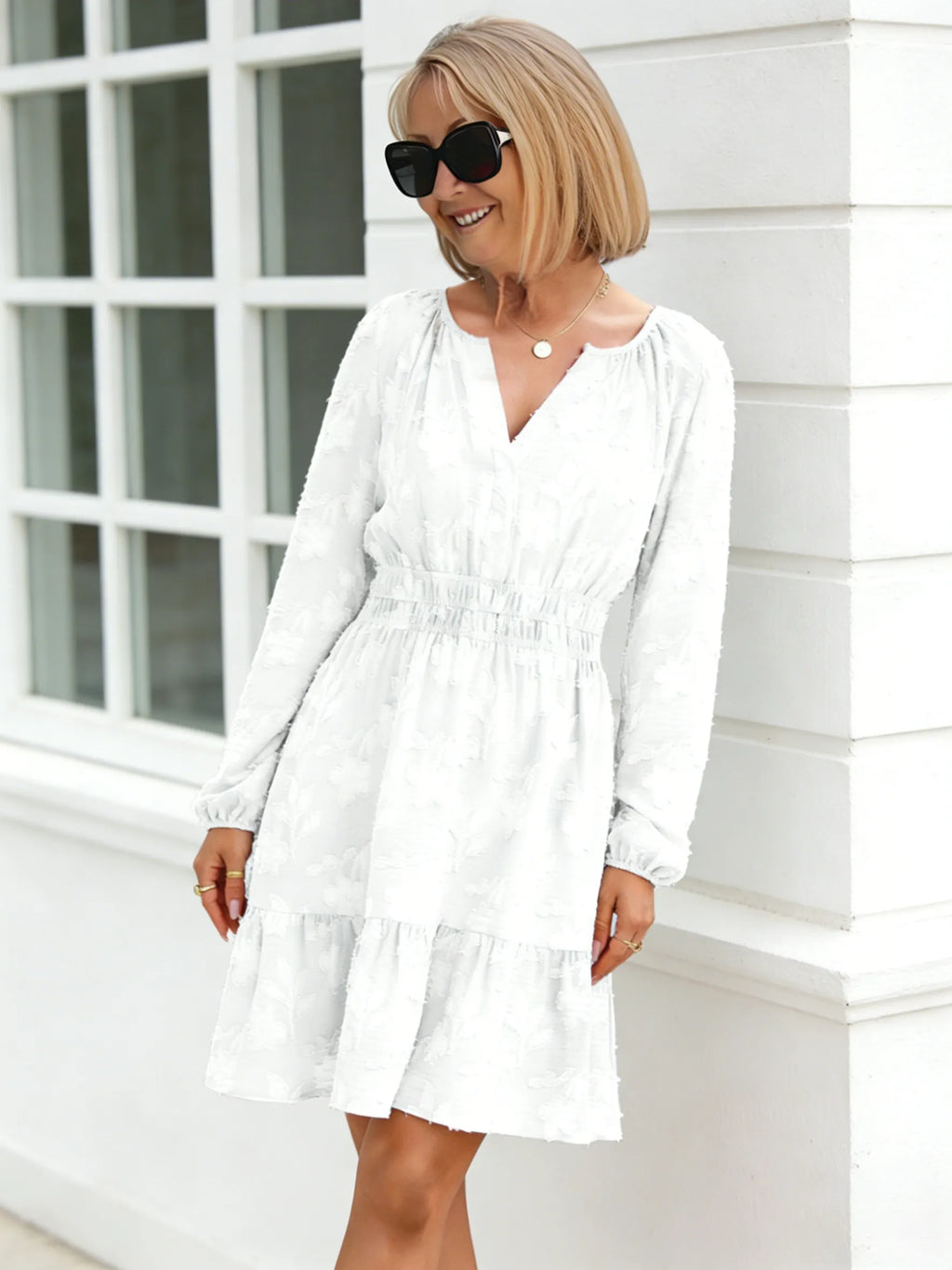 Jacquard V-neck Pullover Elastic Waist Pendulum Women's Long-sleeved Ruffle Edge Dress