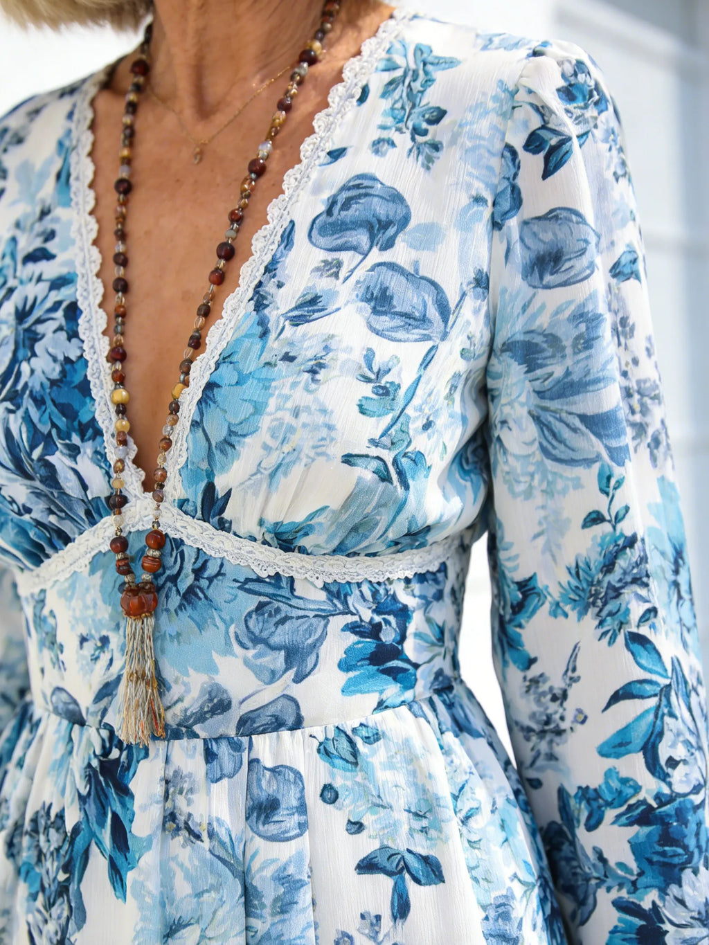 Lace V-Neck Print Casual Vacation Long Sleeve Dress