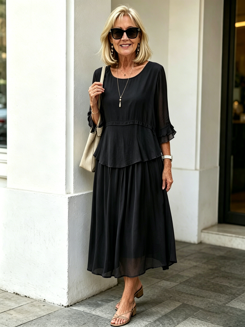 Purple Fake Two-Piece Tiered Chiffon Midi Dress, Round Neck Ruffle 3/4 Sleeve Loose Tummy Concealing Age-Reducing Dress for Mature Women