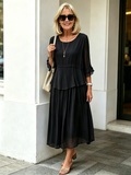 Purple Fake Two-Piece Tiered Chiffon Midi Dress, Round Neck Ruffle 3/4 Sleeve Loose Tummy Concealing Age-Reducing Dress for Mature Women