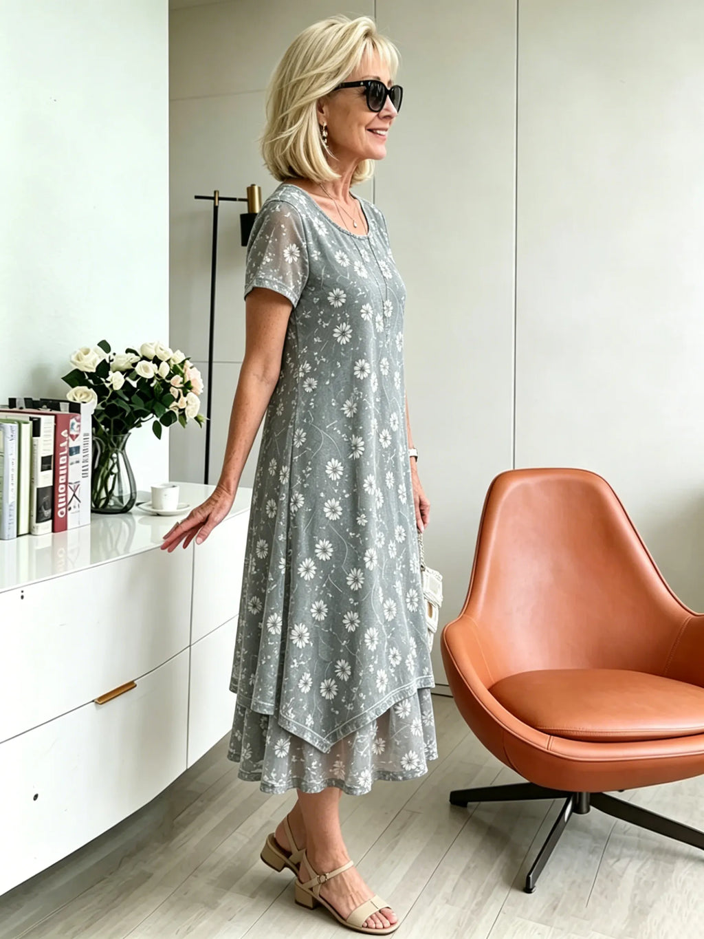 Grey & Orange Floral Mesh Layered Midi Dress, Round Neck 3/4 Sleeve Loose Tummy Concealing Plus Size Dress for Mature Women