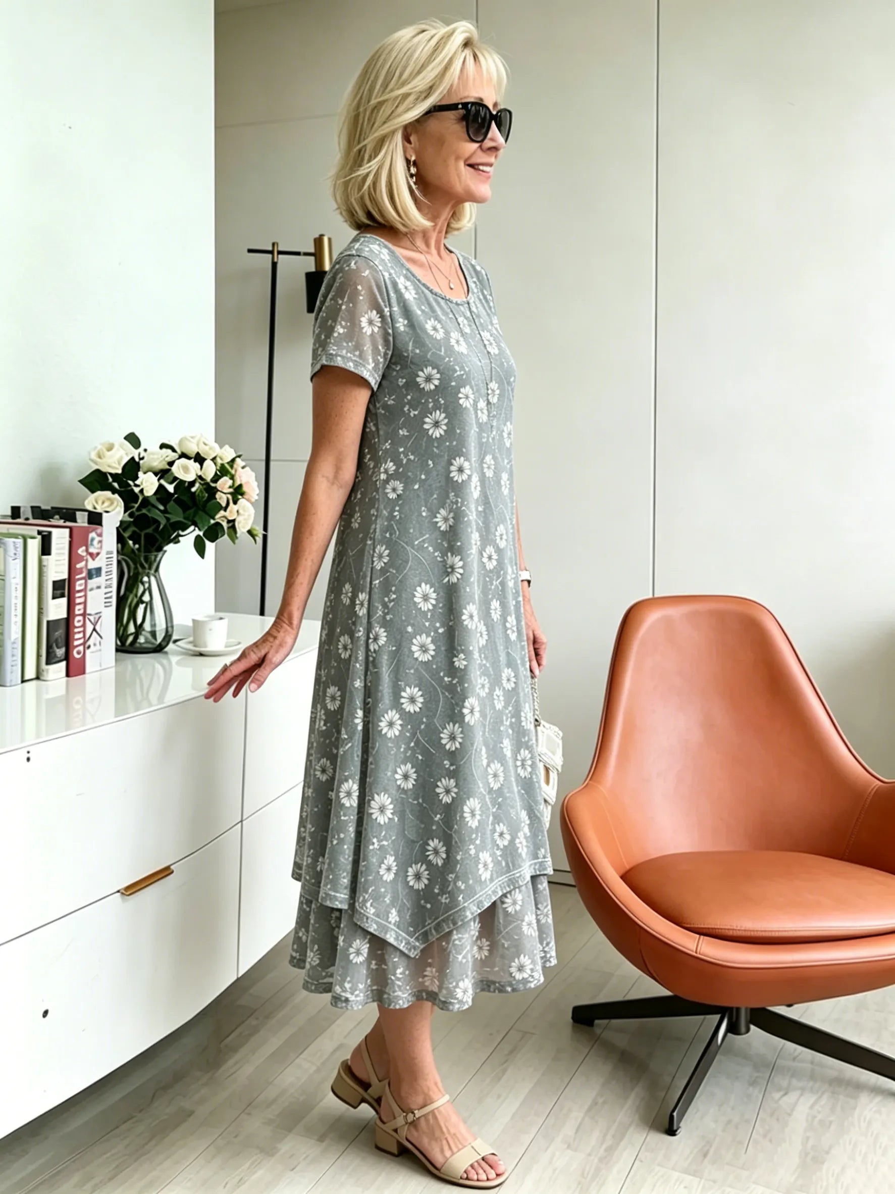 Grey & Orange Floral Mesh Layered Midi Dress, Round Neck 3/4 Sleeve Loose Tummy Concealing Plus Size Dress for Mature Women