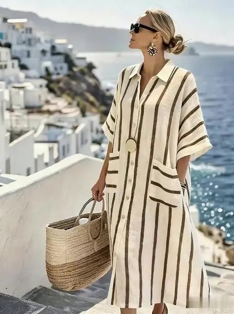 Women'S Casual Color-Block Cotton And Linen Dress