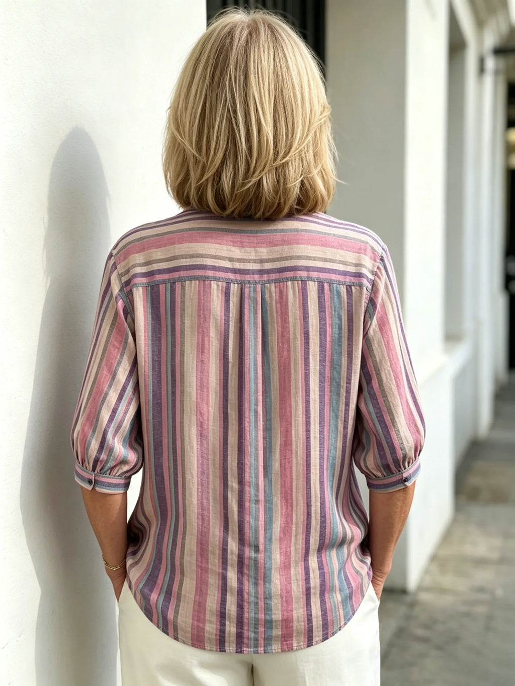 Contrasting Striped Shirt Lapel Single-breasted Medium Sleeve Top Women's Shirt