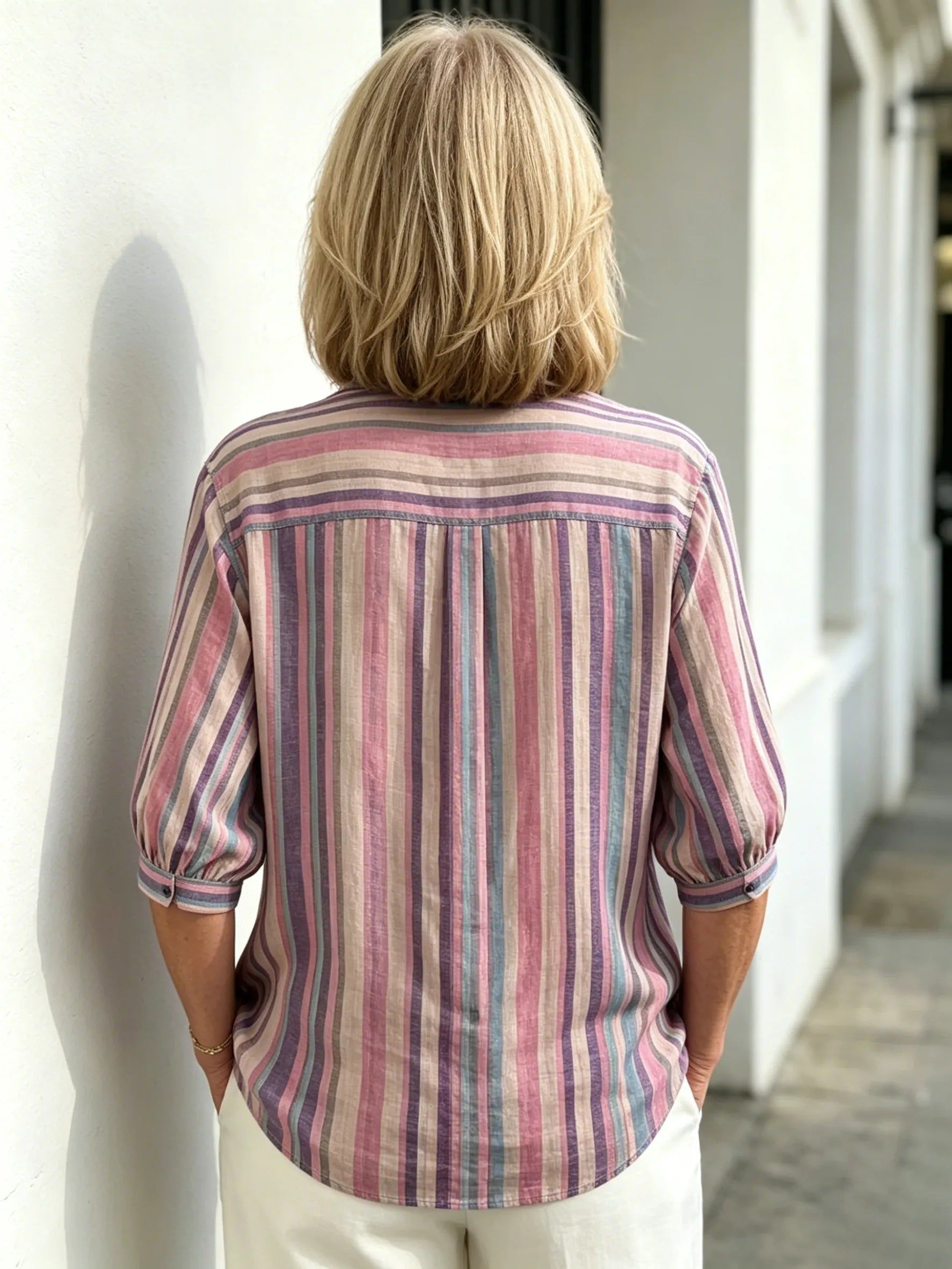 Contrasting Striped Shirt Lapel Single-breasted Medium Sleeve Top Women's Shirt