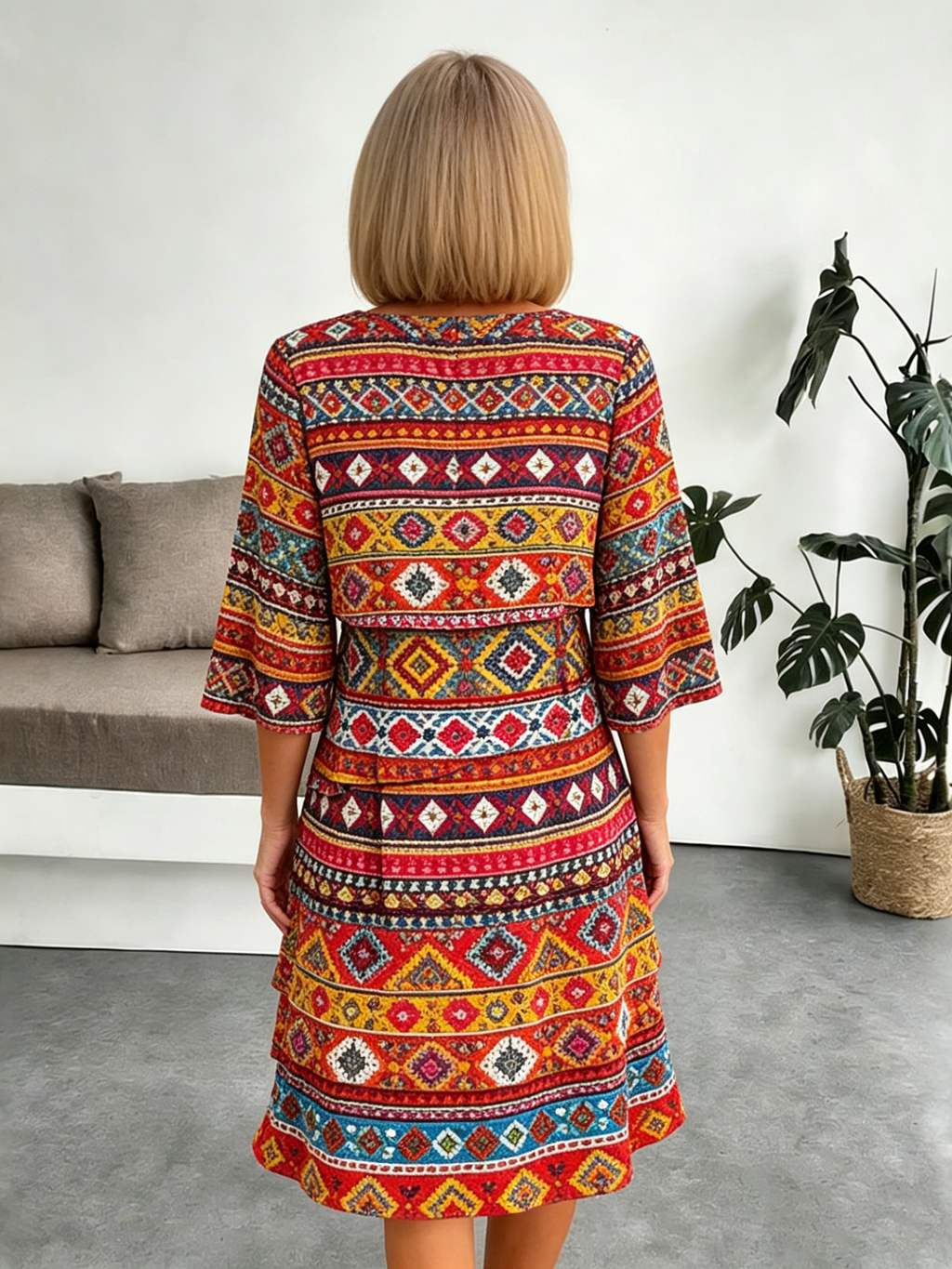 Chiffon Paisley Vacation Prints Color Round Neck Cake Skirt Splicing Dress Mid-length