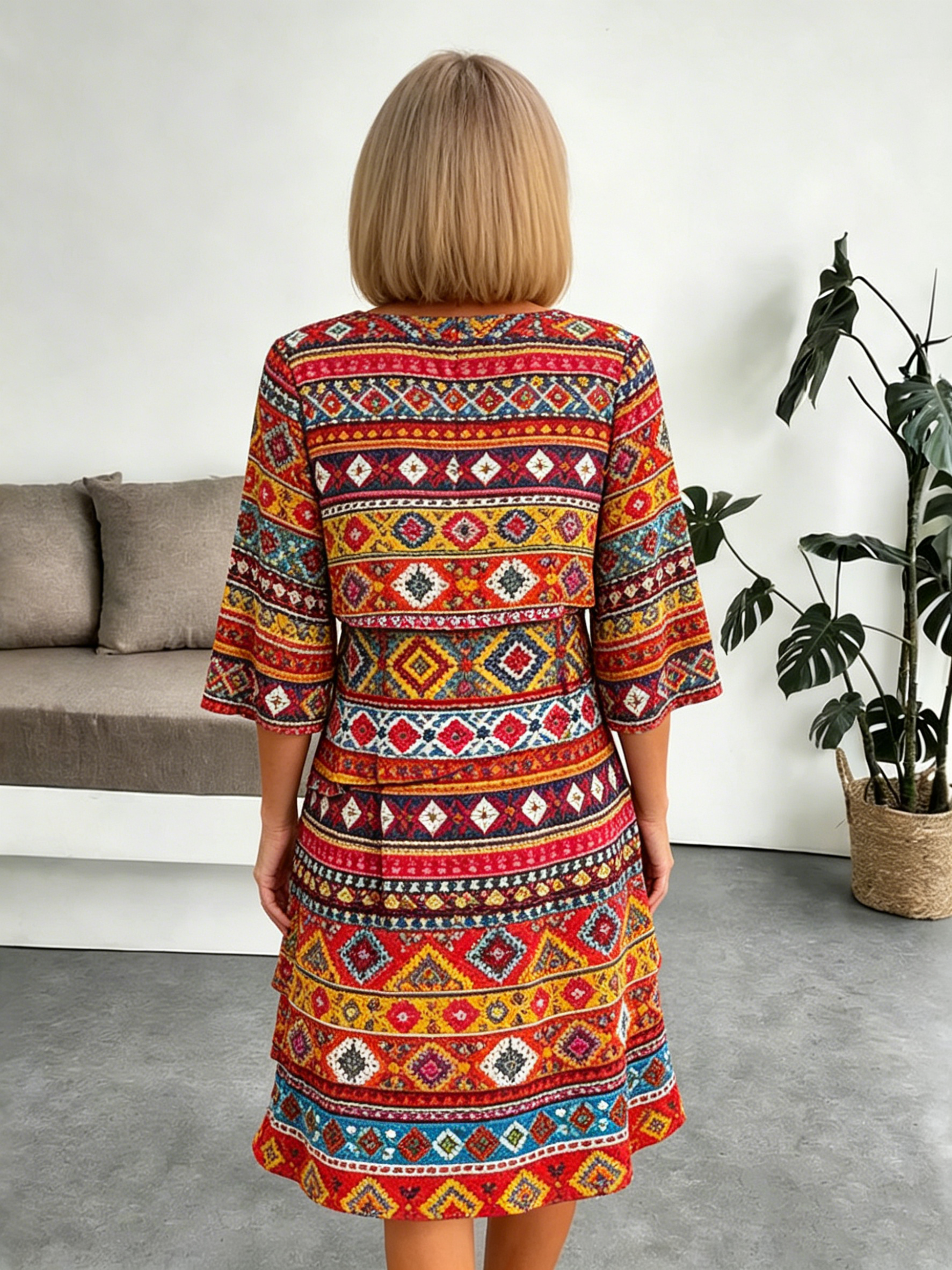 Chiffon Paisley Vacation Prints Color Round Neck Cake Skirt Splicing Dress Mid-length