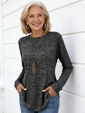 Knitted Crew Neck Pit Strip Top Long Sleeve Loose T-shirt