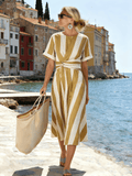 Women's Round Neck Striped Pleated Short-Sleeved Dress