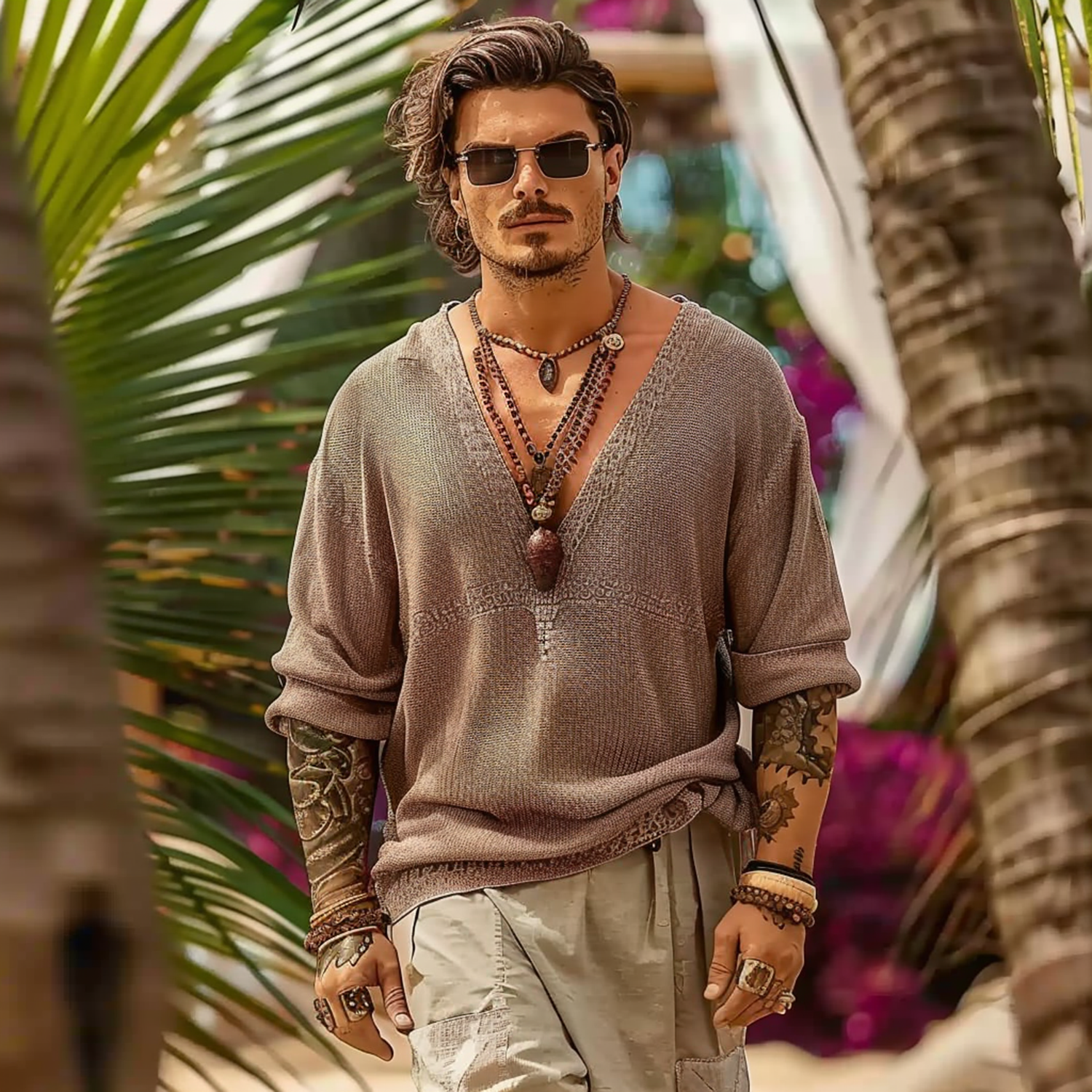 Men's V-neck Loose Long Sleeve Shirt