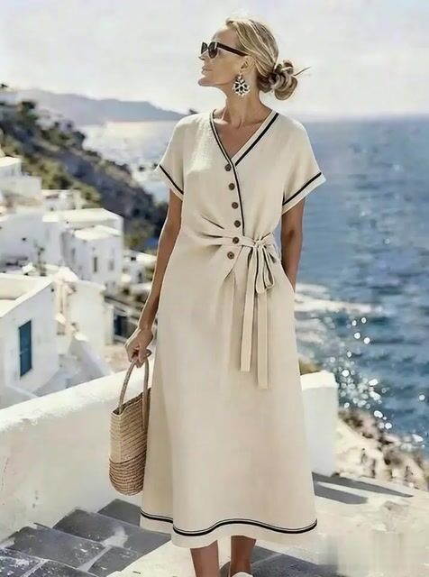 Women'S Casual V-Neck Pleated Tie-Waist Dress
