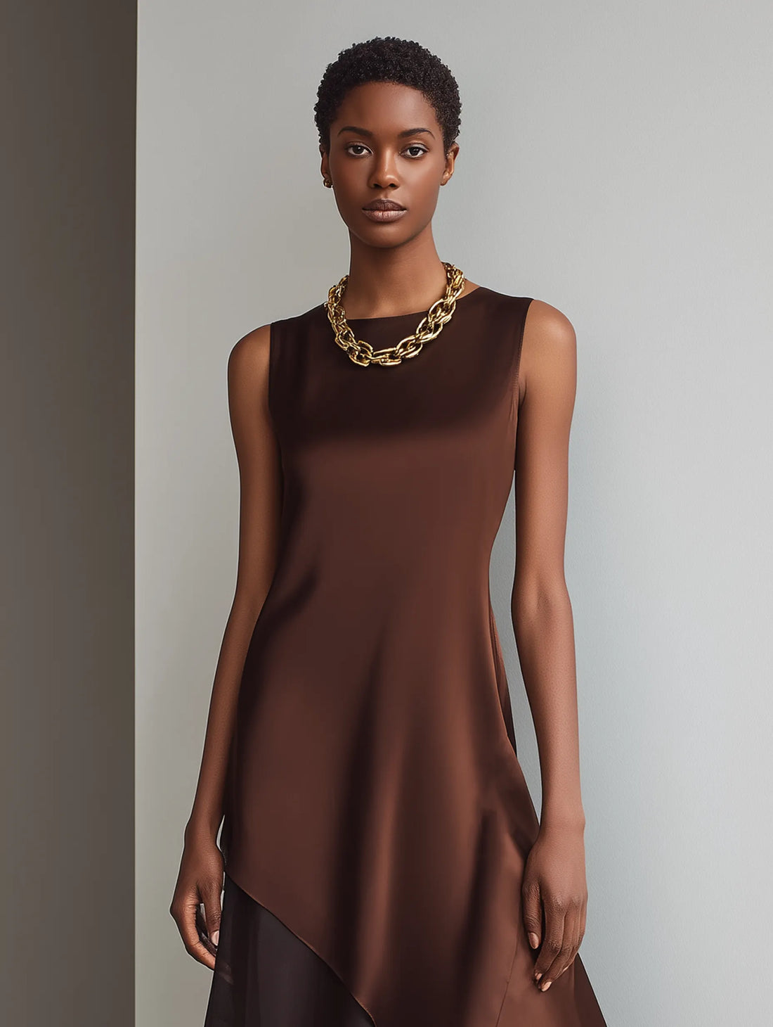 Women's Minimalist Faux Acetate & Chiffon Paneled Midi Dress — Sleeveless, Crew Neck, Asymmetrical Hem MDZ2580D3Y