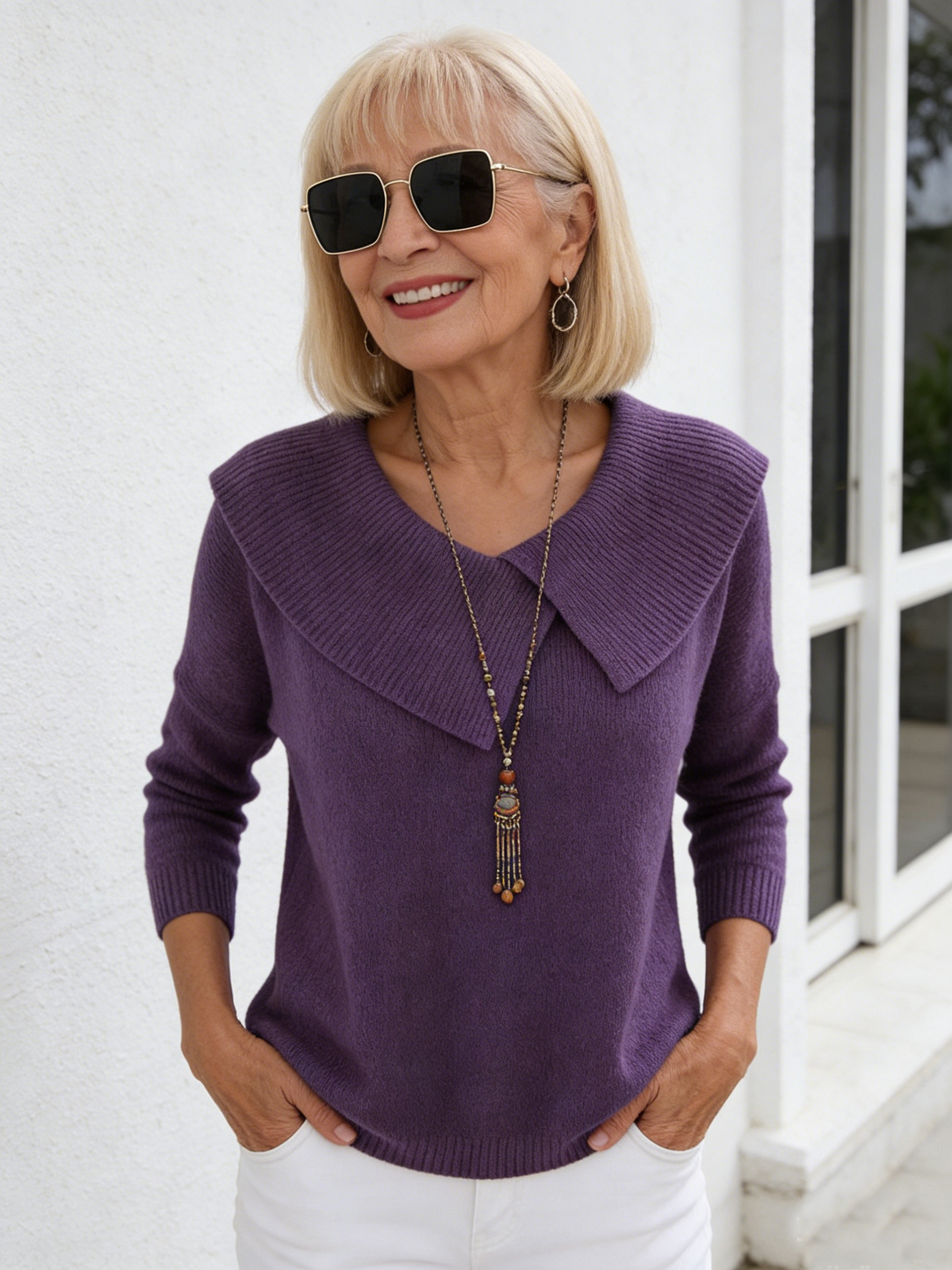Fashion Temperament Slimming Lapel Sweater Versatile Knitting Lazy Temperament