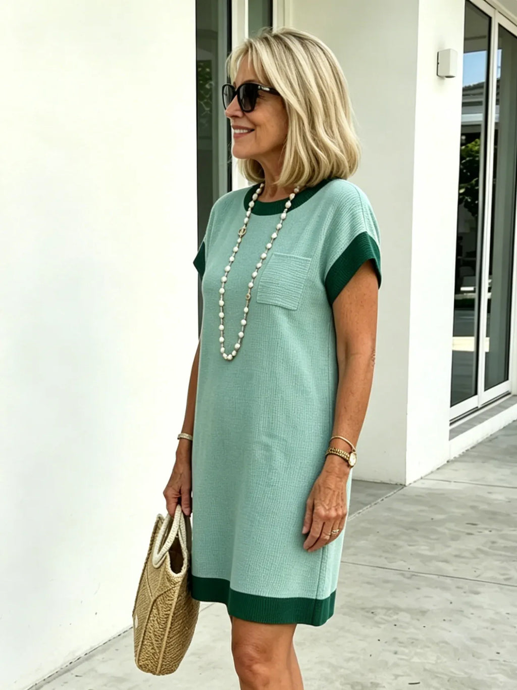 Textured Fabric Casual Contrast Twist Strip Short Sleeve Pocket Dress