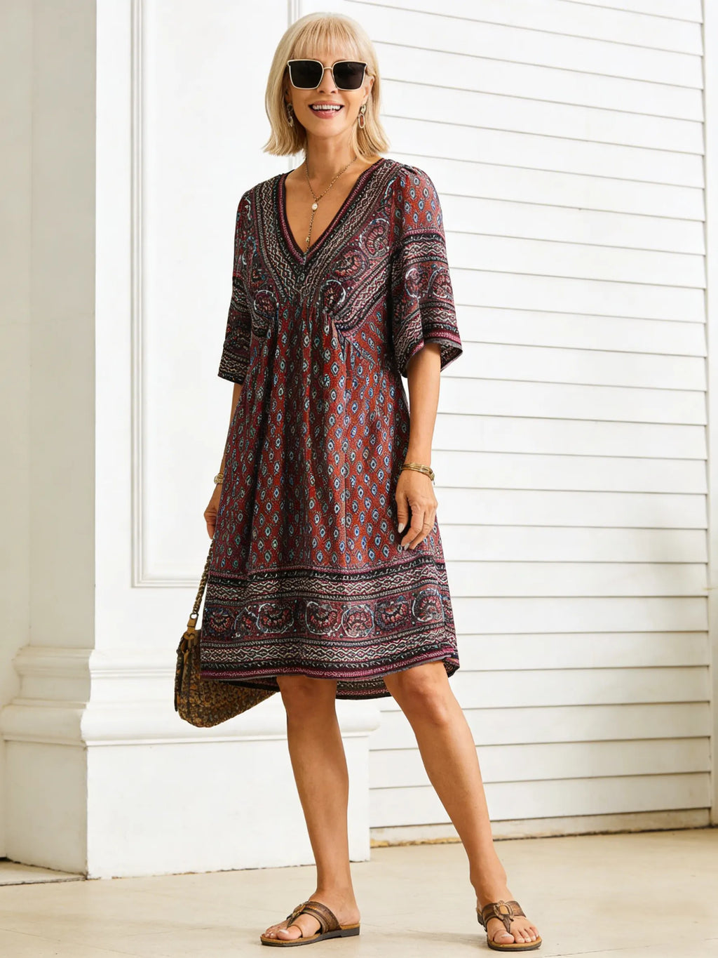 Vacation Deep V Print Casual Ethnic Style Dress