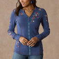 Women's Floral Embroidered Blue Long-Sleeve Top Shirt