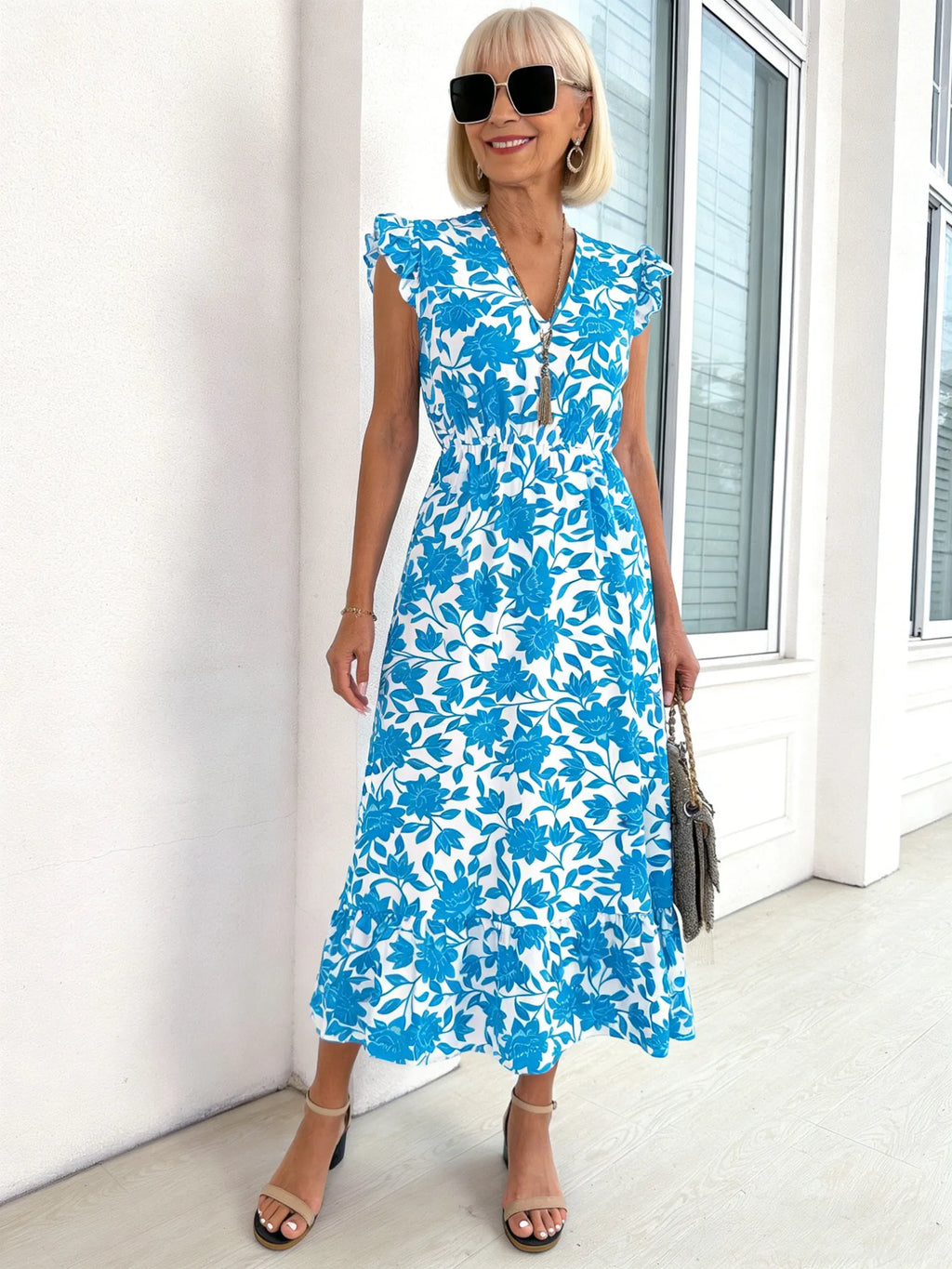 Vacation Casual Fungus Edge Flower Waist Long Dress Vacation Dress Women's Clothing
