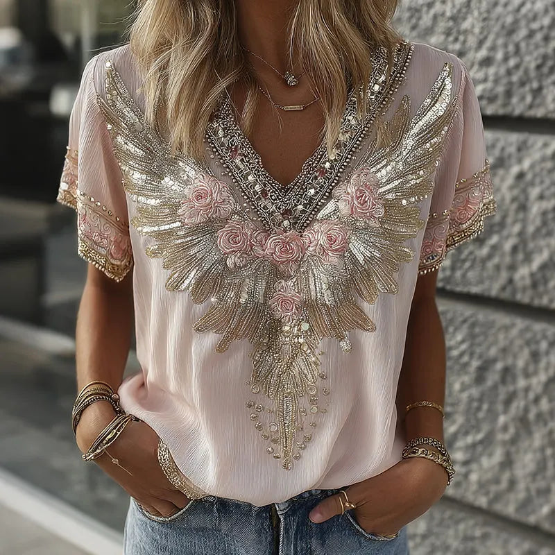 Women's Vintage Wing Rose Embroidery Art V Neck Short Sleeve Linen Blend T-shirt