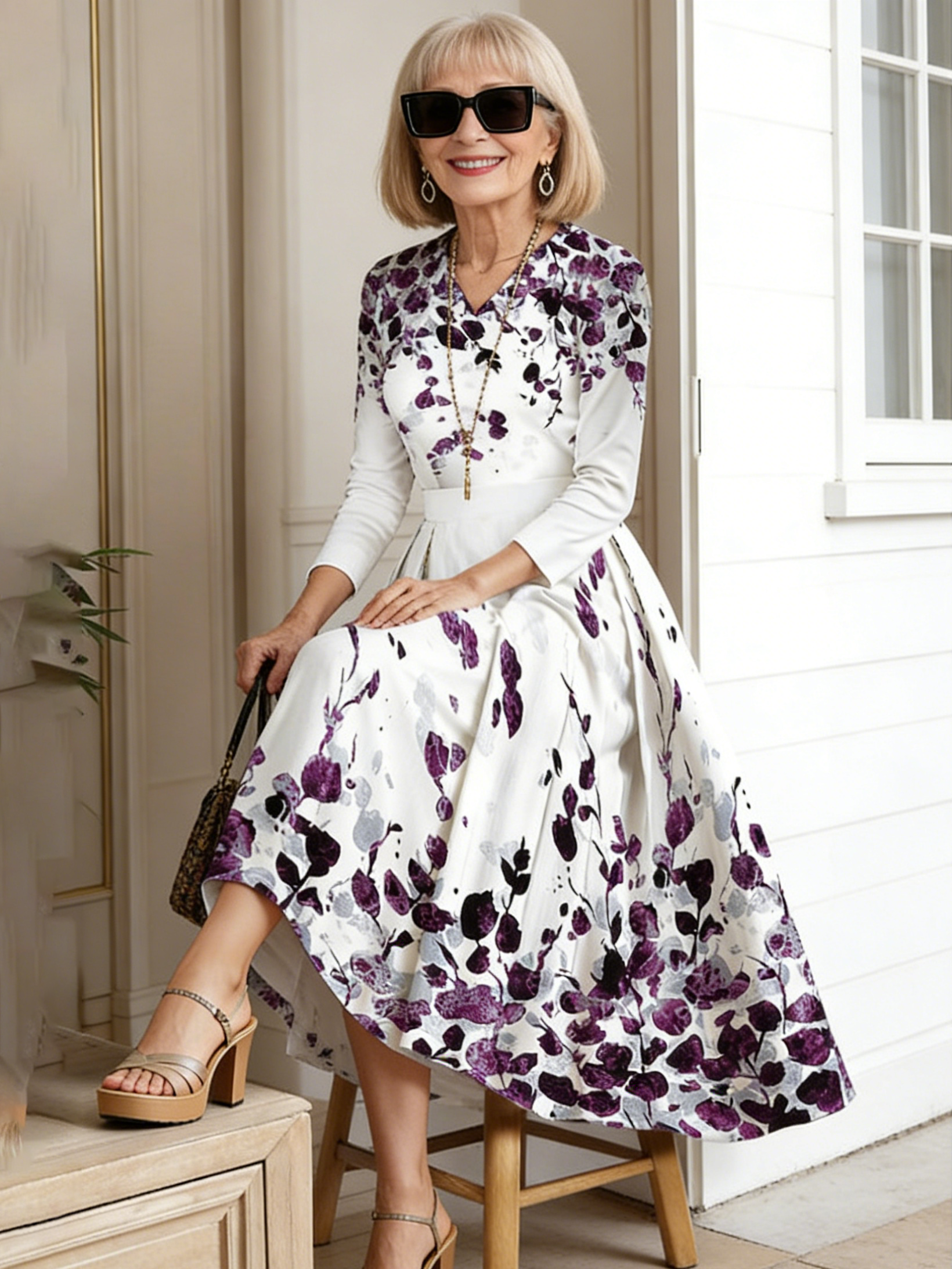 Flower Print V-neck 9-point Sleeve Casual Swing Skirt