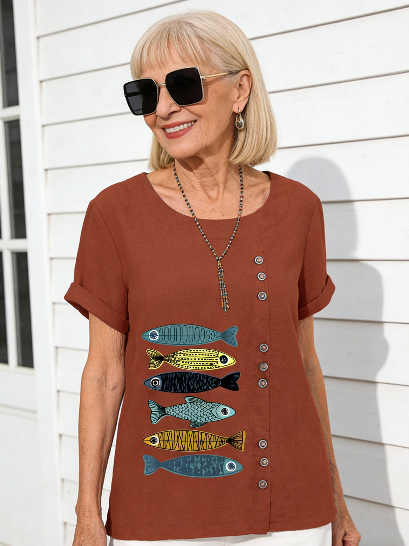 Cotton and Linen Printed Shirt Women
