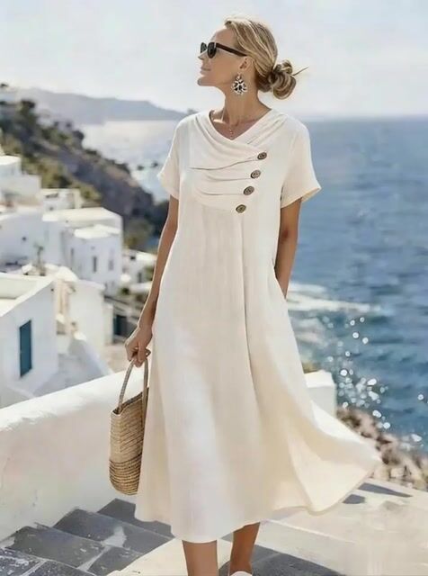 Women'S Casual Solid Color V-Neck Dress With Unique Design.