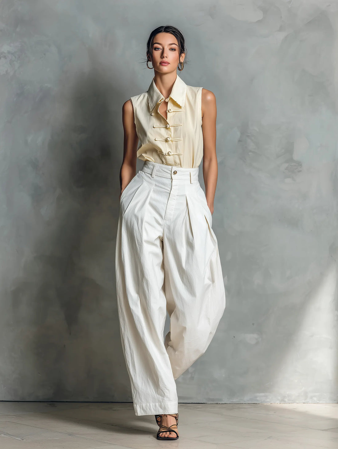 Women’s Cream Sleeveless Frog-Button Blouse & White High-Waisted Pleated Balloon Pants Two-Piece Set With Pockets MDZ2505D7T