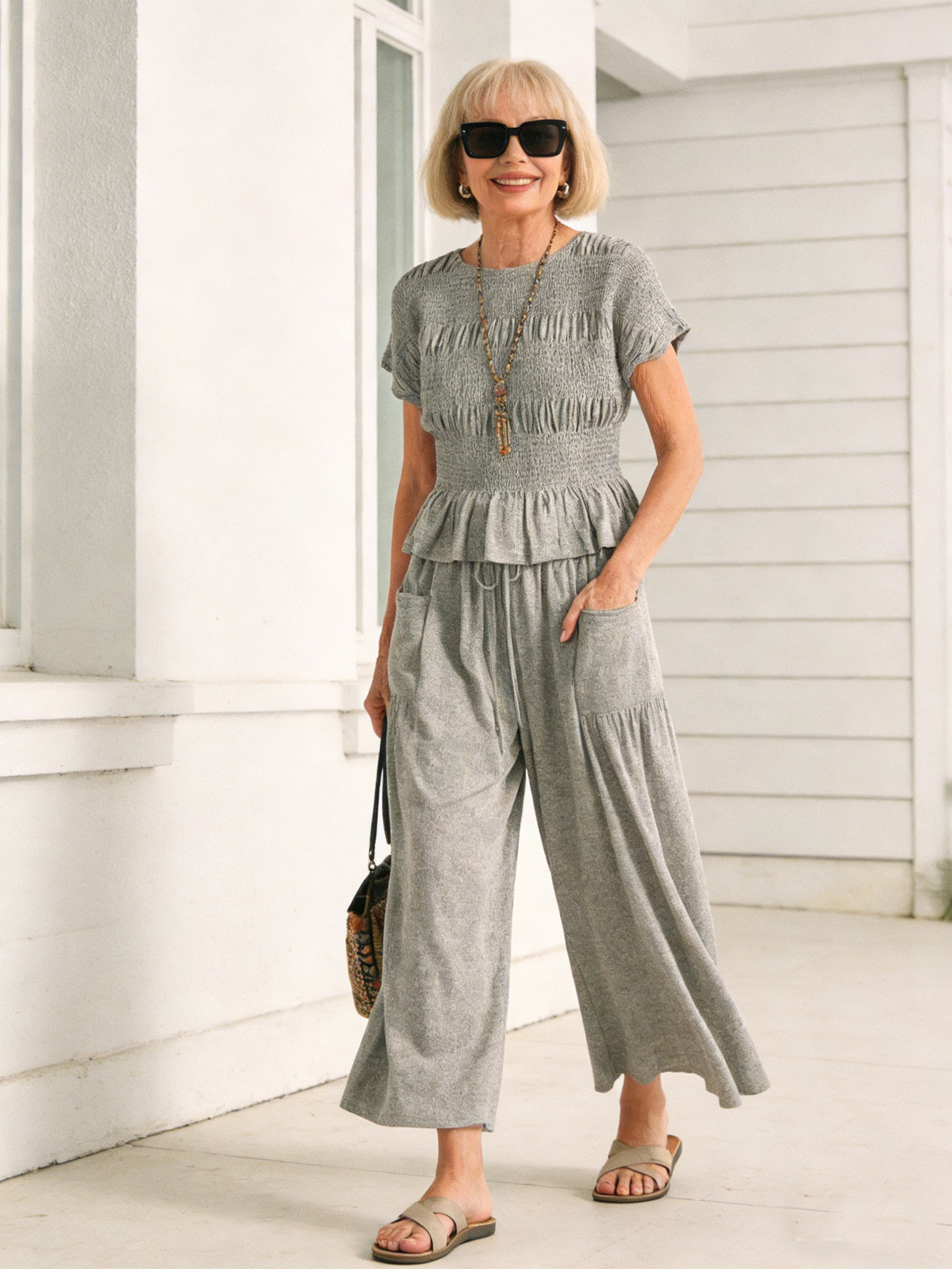 2pcs Cotton Harem Pants Mid-rise Casual Suit Resort Style
