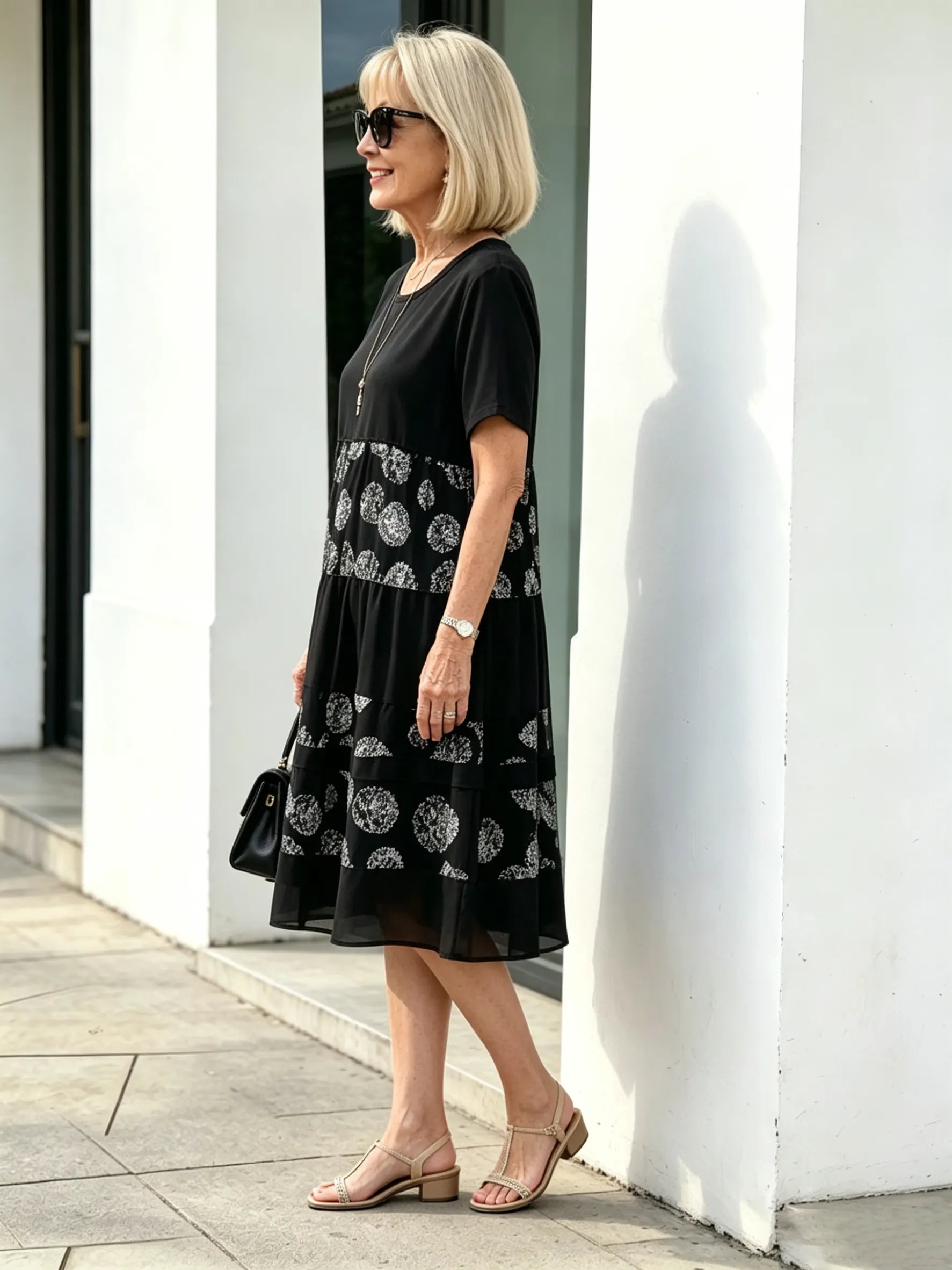 Black Polka Dot Fake Two-Piece Tiered Midi Dress, Round Neck Short Sleeve Loose Tummy Concealing Summer Dress for Mature Women