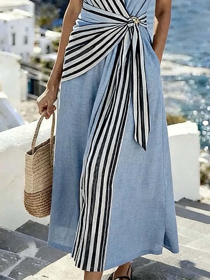 Women'S Casual Color-Block Striped Dress