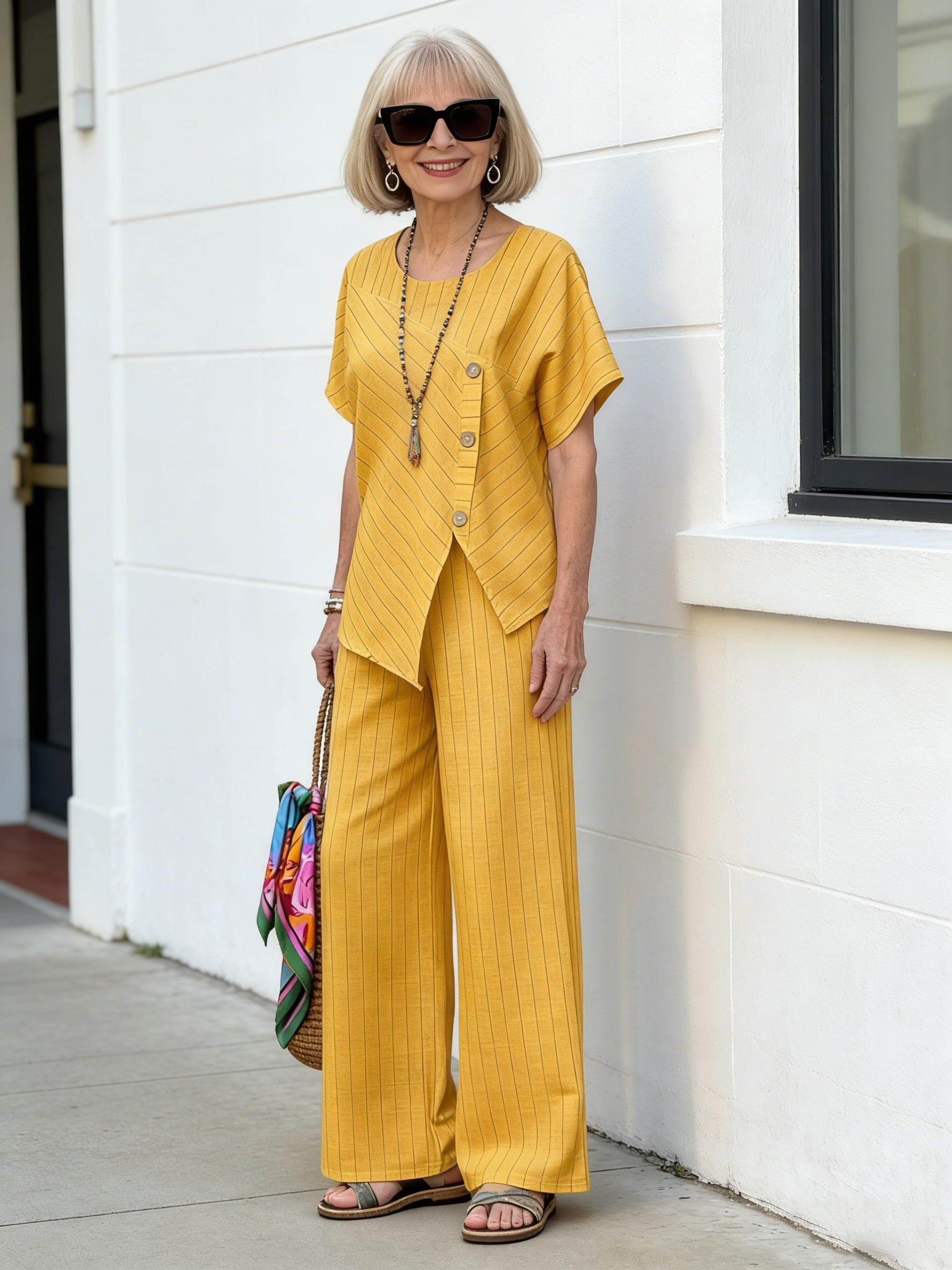 2Pcs Striped Short-sleeved Trousers Shirt Loose Pants Two-piece Set
