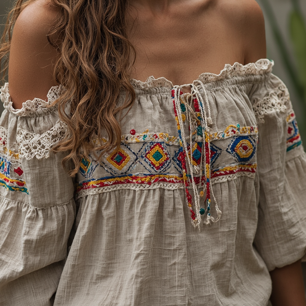 Women's Bohemian Embroidered Off-Shoulder Top