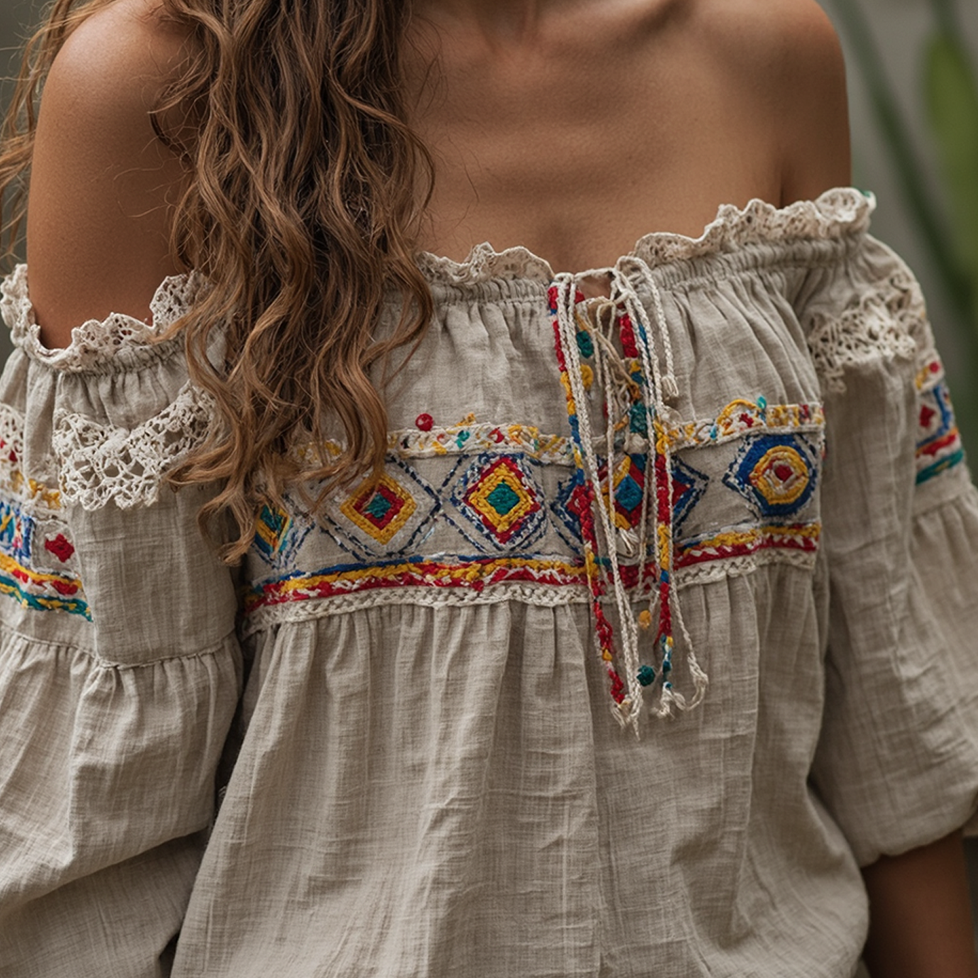 Women's Bohemian Embroidered Off-Shoulder Top