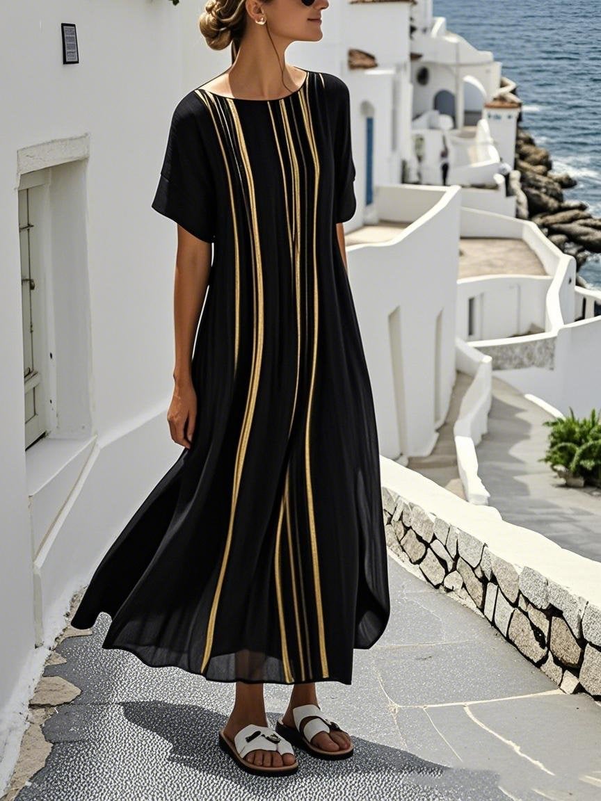 Women's Holiday Casual Round Neck Three-quarter Sleeve Printed Cotton and Linen Dress