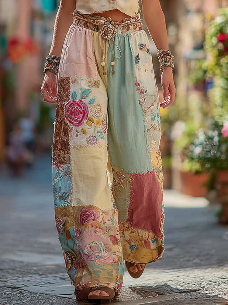 Classic Retro Rose And Floral Patchwork Art Linen Pants
