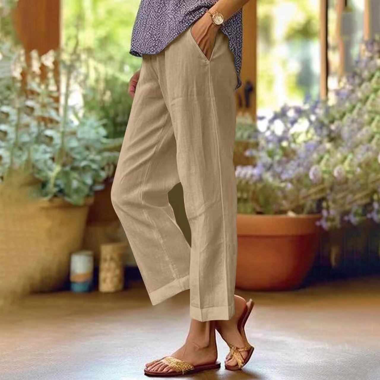 Cotton and Linen Loose Solid Color Elastic Waist Pocket Straight Casual Pants
