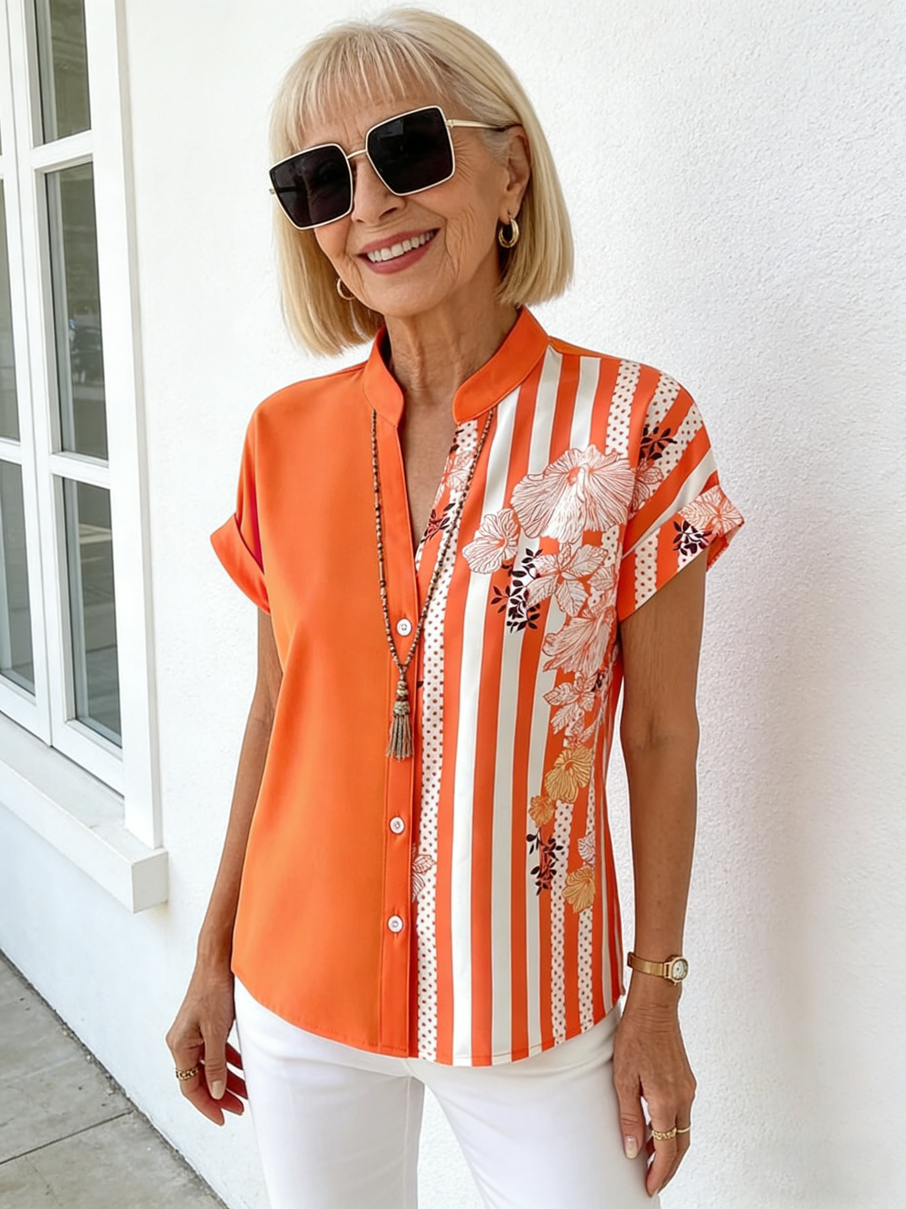Double-spell Contrasting Floral Button-up Cardigan Short-sleeved Shirt