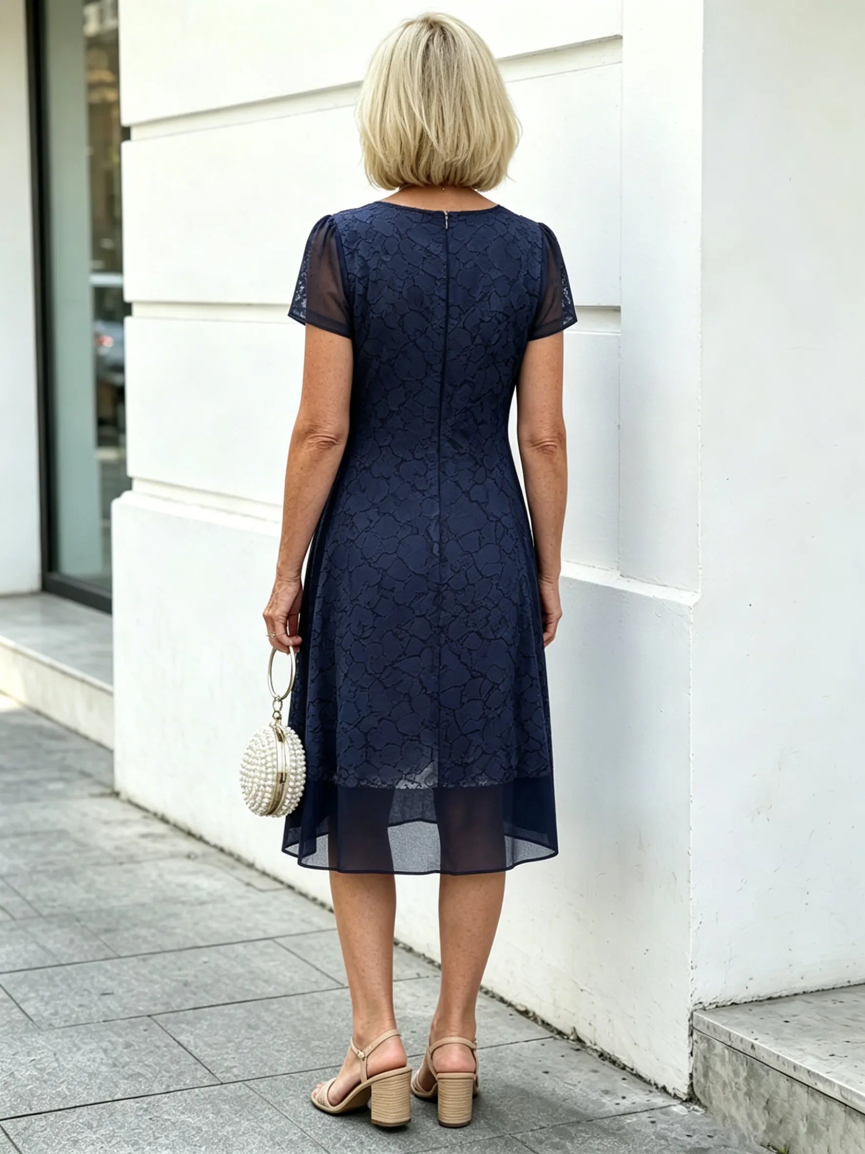 Navy Blue Printed Mesh Layered Midi Dress, Round Neck Short Sleeve Straight A-Line Tummy Concealing Dress for Mature Women